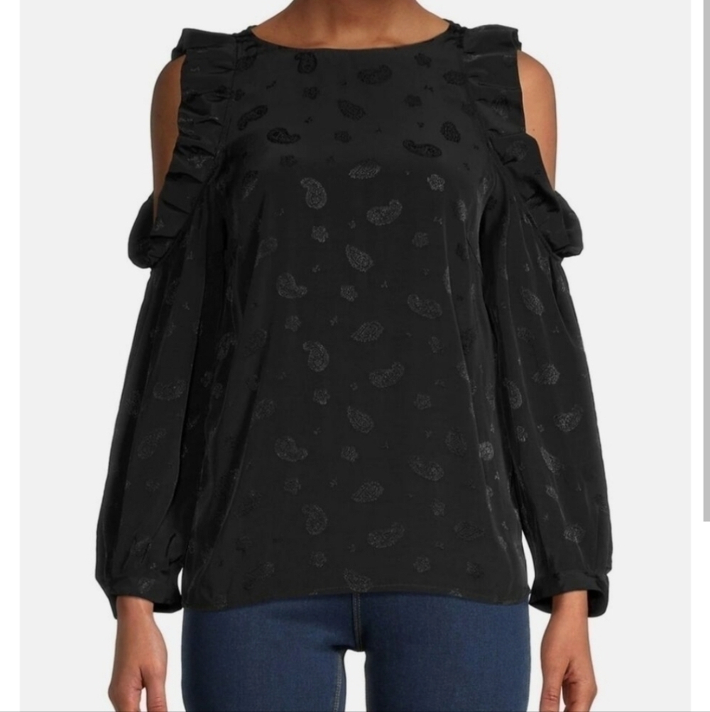 Maje Loyd Ruffled Crepe blouse Floral Jacquard Size Small in black